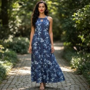 𝅺Aphratti  Halter Maxi Dress Hues of Blue Floral Print